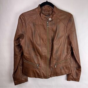Bernardo Moto Jacket Brown Faux Leather Zip Pockets Medium Vegan Biker Style